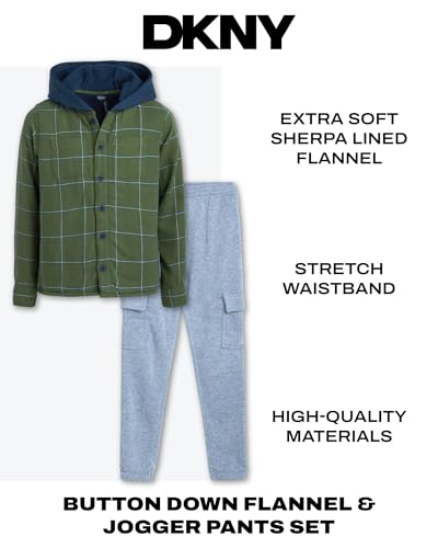 Image of DNKY Boys' Pants Set - 2 Piece Sherpa Lined Plaid Flannel Shirt and Fleece Jogger Sweatpants - Clothing Set for Boys (4-12)
