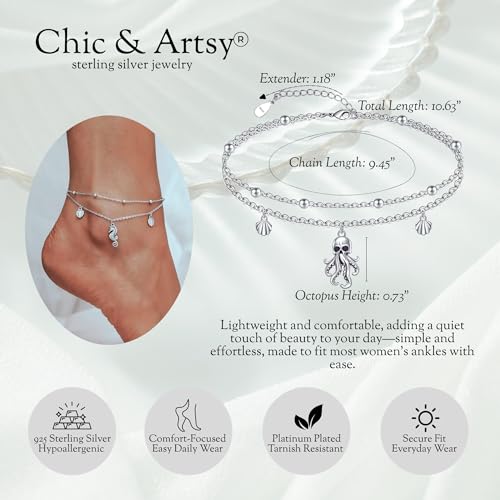 Image of CHIC & ARTSY 925 Sterling Silver Ankle Bracelets for Women, Adjustable Layered Foot Chains with Nature & Symbol Charms, Lightweight Comfort Fit Boho Beach Everyday Jewelry