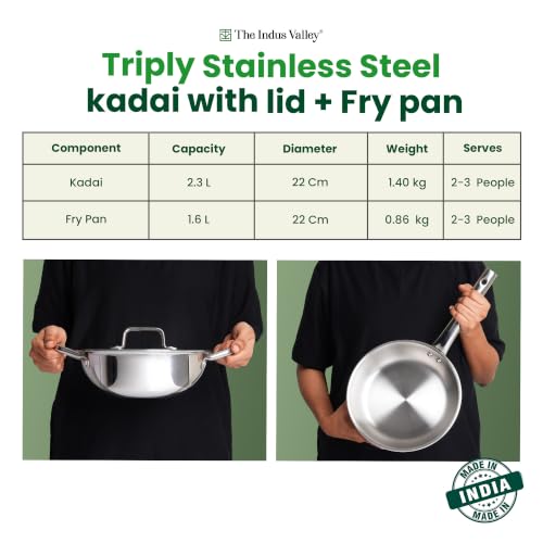 Image of The Indus Valley Tri Ply Stainless Steel Cookware Combo Set | 22cm Kadai with SS Lid + 22cm Fry Pan | 3-Layer Thick Body | 304 Food-Grade Stainless Steel | Induction Compatible