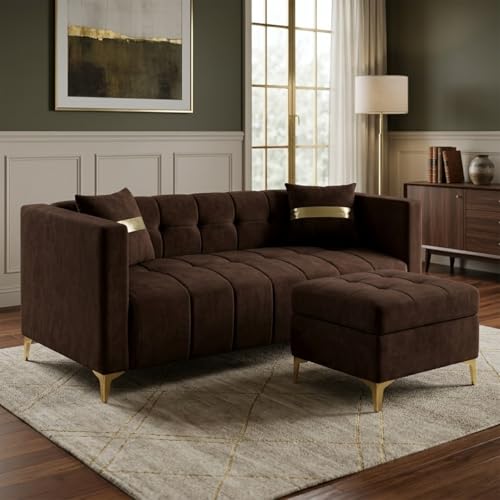 Image of FURNY Styliving 4 Seater L Shape Sofa Set with Movable Ottoman & Golden Legs | Flexible Left or Right Layout | Plush Velvet Fabric (Dark Brown) | Perfect for Living Room, Guest Room & Office