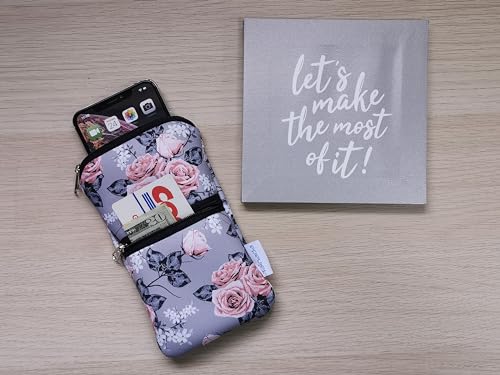 Image of Tainada Women Cell Phone Neoprene Shockproof Zippered Sleeve Case Bag Pouch w /Carabiner, Neck Lanyard, Belt Loop Holster for iPhone 17 /16 Pro Max, 16 Plus, 16e; Samsung S25+, S24, A56 (Gray Floral)