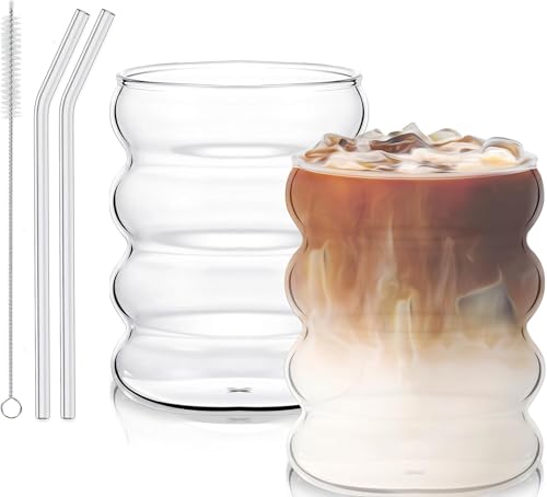 GOEDEKE 2 PCS Ripple Glass Cups 300ML Bubble Water Drinking Glasses Heat-Resistant Glasses with Glass Straws Cappuccino Latte Macchiato Coffee Cup Suitable for Coffee Tea Juice Cocktails Beer