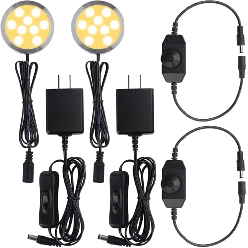 Image of Under Cabinet Light 2.5 inch, Single LED Puck Light for Curio Kitchen Display Shelf Lighting, Dimmer Switch, 120VAC Plug in, Black Cord, 2 Packs, Warm White