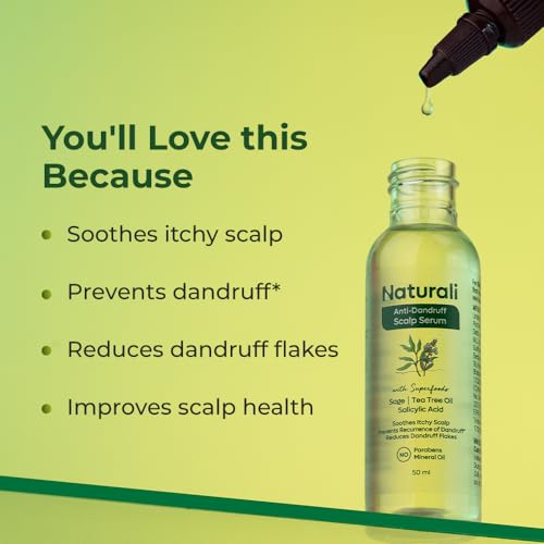 Image of Naturali Anti-Dandruff Scalp Serum With Sage, Tea Tree Oil & Salicylic Acid | Reduces Dandruff Flakes | Prevents Recurrence of Dandruff | Soothes Itchy Scalp | Paraben-free | Best Anti-dandruff Serum | 50ml