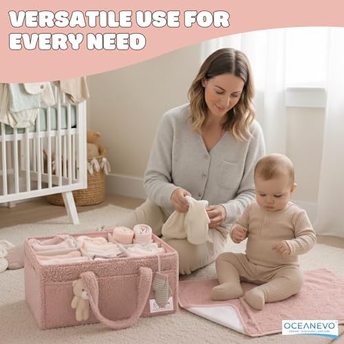 Image of OCEANEVO Fur Diaper Caddy Organizer Bag | WITH Diaper Changing Mat, Bag Charm and Luggage Tag | New Born Baby Essentials | For Mothers for Travel - 38 x 25 x 18 cm - Pink - 1 Year Warranty
