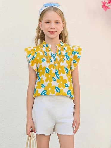 Image of Haloumoning Girls Ruffle Short Sleeve Floral Chiffon Blouses Kids Summer Shirts Tops 5-14 Years