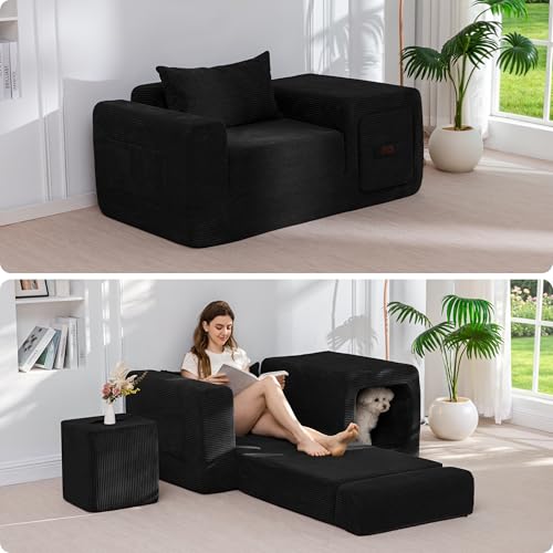 Image of MAXYOYO Folding Sofa Couch, Convertible Floor Sofa with Armrest, Multifunctional Sofa with Pillow and Pockets, Boneless Couch for Living Room, Black