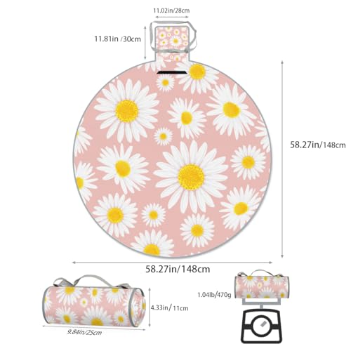 Shimoshe Pink Background Daisies Picnic Outdoor Blanket Foldable Waterproof Sandproof Beach Blanket Portable Water-Resistant Round Picnic Mat for Travel Camping Park Lawn