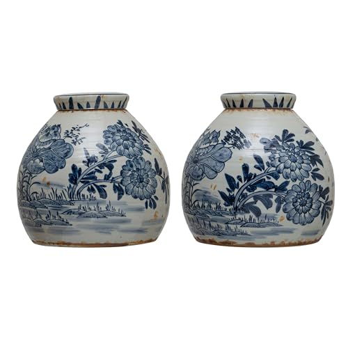 Creative Co-Op Decorative Stoneware Ginger Jar with Flower Prints and Distressed Finish, Blue and White