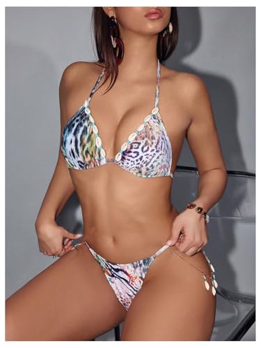 MakeMeChic Women's Bikini Set Leopard Print Halter Triangle Tie Backless Thong Bathing Suit4