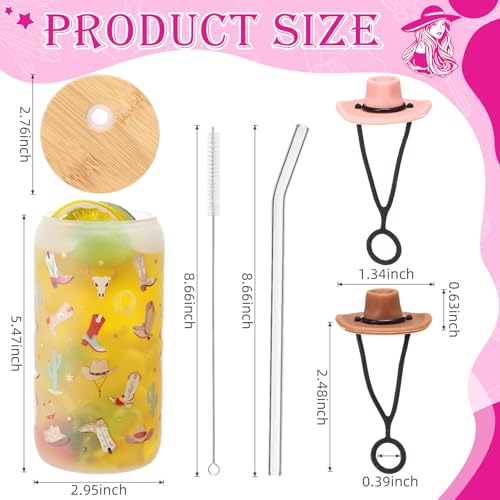 Baderke 2 Sets Western Cowgirl Beer Can 16 oz Drinking Cups with Bamboo Lid Glass Straw and Cleaning Brush Cowboy Boots Iced Coffee Cup Reusable Tumbler for Party Favors Gifts (Frosted) by Baderke - Used condition - Image 3