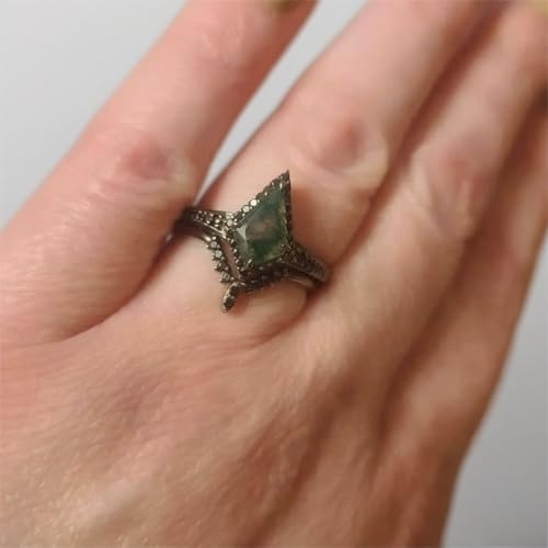 Natural Moss Agate Engagement Black Ring Set for Women Customizable 10K /14K /18K Gold Promise Wedding Stacking Rings Free Engraving Size 4-152