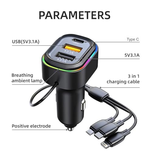 Image of ETH 2 USB + 1 Type-C Phone Super Fast Charging Adapter 48W Car Charger with 3-in-1 Charging Cable
