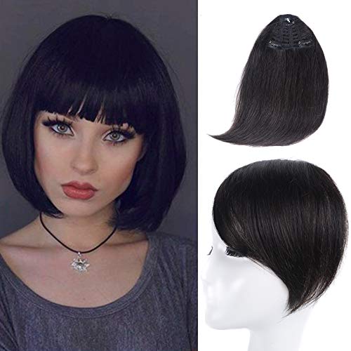 Clip in Bangs Black KNITTING One Piece 100% Real Human Hair Side Swept Clip in Fringe Bangs Hair Extensions (1B#)