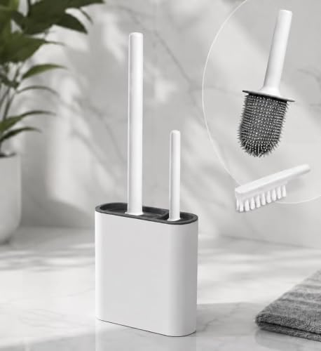Escova Sanitária Banheiro Silicone Dupla 2 em 1 com Auto Adesivo Parede | Branca ou Preta - Limpeza de Banheiro - Escovinha Privada Vaso Sanitário - Silicone Flexível - Design Minimalista Moderno