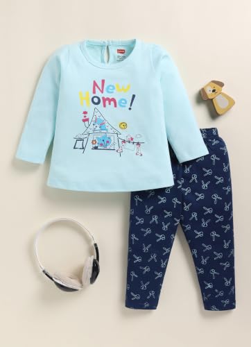 Image of LuvLap Baby Girls 100% Cotton Full Sleeve Girls Top & Pyjama CoSets Pack Of 2, Aqua & Sunflower, XL (12 to 18 Months)