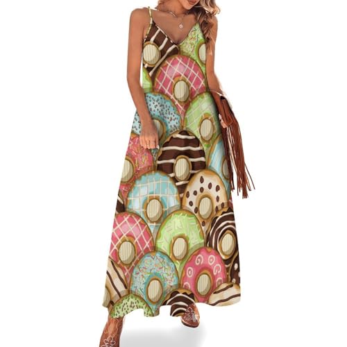 Robe longue femme été sans manches imprimé beignets colorés pour la plage
