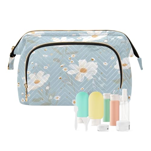 senya Travel Makeup Bag Cosmetic Bag Wide-open Pouch Toiletry bag Make Up Organizer Case with bottles kit for Women (White Flowers)