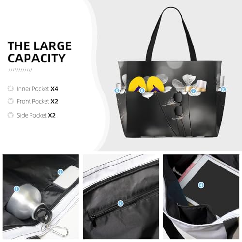 Black and White Flowers Print Large Capacity Foldable Washable Zipper Beach Travel Tote Bag ShoppingBag3