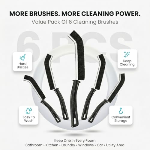 Image of Hard Bristle Crevice Cleaning Brush - Pack of 6 | Brush for Kitchen, Bathroom, Toilet, Grout, Faucet, Window Track & Sink | Multifunctional Scrub Brush| Gap Cleaner Tool (Black)