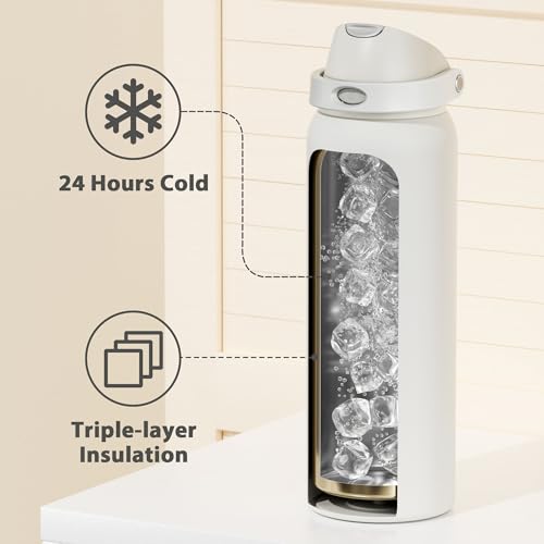 Image of 40 oz Insulated Water Bottle with Straw: Meoky Stainless Steel Metal Water Bottle with 2-in-1 Lid - Leak Proof, Cold for 24 Hours, Protective Silicone Base, BPA-Free for Sports Gym, Ivory