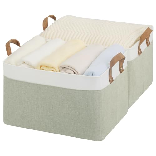 StorageWorks Fabric Storage Boxes for Shelves, Large Closet Baskets with Metal Frame, Wardrobe Storage Bins for Organising, Bedroom Clothing Boxes and Bins with Handles, Green and White, 2-Pack