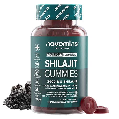 Shilajit Gummies - 2000 mg de Shilajit Puro de Himalaya con Ashwagandha, Chaga, Zinc, Hierro, Selenio y Vitamina D - Vegano y Sin Gluten - 60 Gominolas - Suplemento Ayurvédico - Novomins