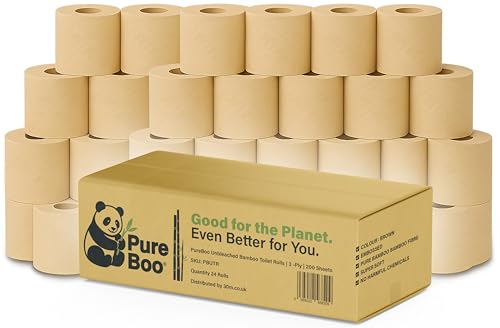 Pure Boo Unbleached Bamboo Toilet Rolls 24 Pack | 3-Ply 200 Sheets per Roll | 100% Bamboo Toilet Paper Eco-Friendly Hypoallergenic Biodegradable Plastic-Free | Soft Strong & Chemical-Free