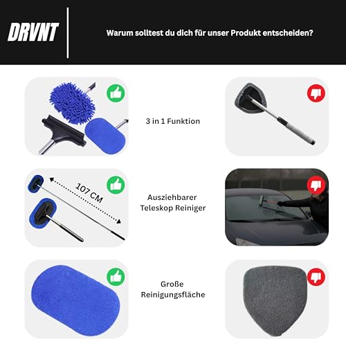 DRVNT Windschutzscheiben Teleskop Reiniger Auto Innen & Außen 3 in 1 Auto ausziehbarer Innenreiniger - Scheibenreiniger zum Entnebeln, Abziehen und Wischen beschlagener Scheiben