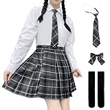 [HTPARY] 制服セット スカート 丈42cm jk コスプレ 5点セット ハロウィン コスチューム シャツ ネクタイ リボン 女子高生制服 パーティー衣装 遊園地 文化祭 (L)