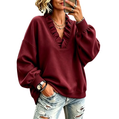 Elneeya Oversized Sweatshirt for Women V Neck Ruffled Retro Fall Sweatshirt - image 1