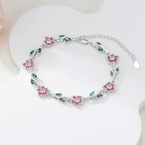 Image of Sunflower /Lily of Valley /Carnation /Camellia /Daisy /Peach Blossom /Rose /Tulip Bracelet 925 Sterling Silver Birth Flower Bracelet for Women Jewelry Gifts