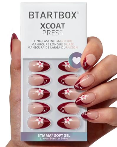 BTArtbox Press On Nails Short - Rococo Bloom, Red 3D Flower Pearl...