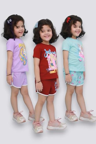 Image of Chandrika Kids Cotton Coordinated Set Pack of 3 half Sleeve And sleeveless T-Shirts & Shorts and skirt Baby Girls Summer Dress Combo