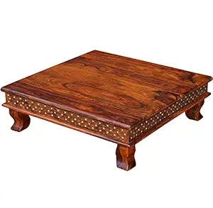 RAJ HANDICRAFT Solid Sheesham Wood and Brass Work jiksa Jali Design Chowki for Prayer, Home | Decorative Seating Pooja Stool for All Purpose | Sheesham Wood, Light Honey