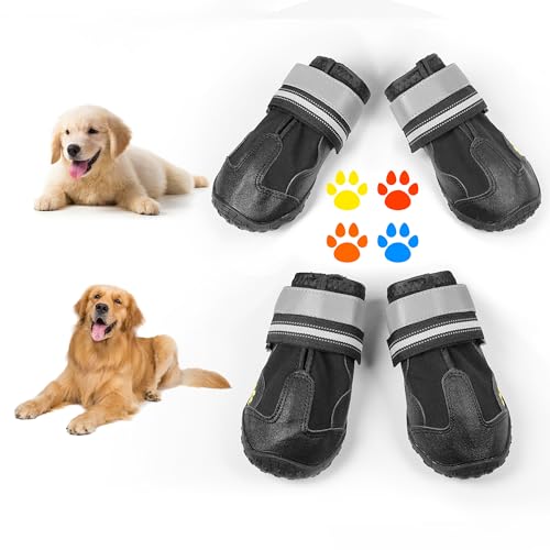 PVUEL 4 Piezas Zapatos para Perros, Transpirables con Suela Antideslizante, Hebillas Reflectantes, Adecuadas para Perros pequeños y medianos, Actividades al Aire Libre en Negro,(Talla 2)