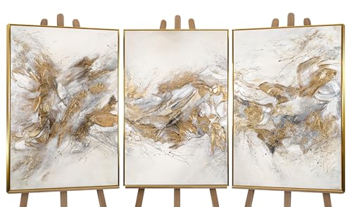 YS-Art Cuadro pintura abstracta hecho a mano enmarcado Una imagen de sus tres partes Tonos brillantes y grises Arte dimensional Grande 240x120 cm