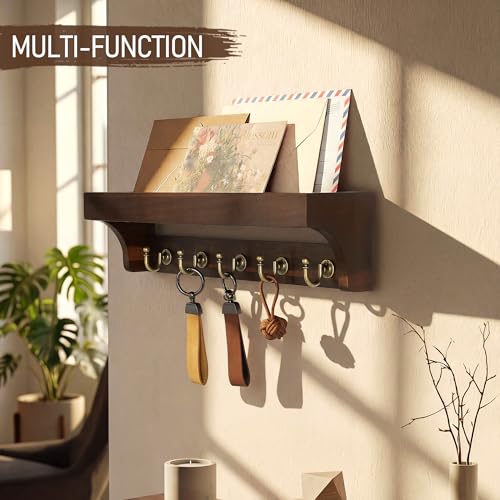 Image of Rebee Vision Acacia Wood Key Holder Wall Mount for Room Decor - Rustic Key Holder for Wall with Shelf for Displaying Plants - Stylish Entryway Organizer for Apartment (Dark Acacia)
