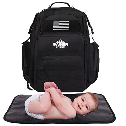 Sager Creek Dad Diaper Bag Backpack With Changing Pad. Waterproof Military Diaper Backpack For Men W/Insulated Compartment (Black) #TOP4