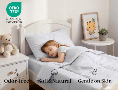 Image of ZPECC Toddler Bedding Set - 4 Piece Hypoallergenic Baby Crib Bedding Set for Boys and Girls, Includes Toddler Comforter, Flat Sheet, Fitted Sheet and Pillowcase, White Stripe