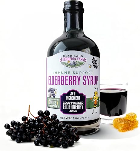 Heartland Organic Elderberry Syrup - Cold Pressed Elderberry Juice Zero Water Added - Immune Support for Kids & Adults - Made with Raw Honey Ginger Cinnamon & Star Anise - 13 fl oz (375 ml)