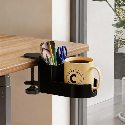 Clamp On Desk Cup Holder with Storage Organizer, Desk Side Organizer with Phone Slot, Pen Pencil Holder, Anti-Spill Drink Holder with Charging Hole, Clamp Desk Accessory for Office Gaming Table