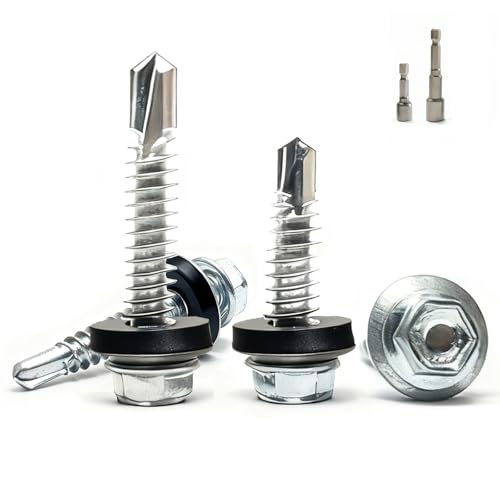 Hexizexi 80 Stück Trapezblechschrauben 5.5x25mm Selbstschneidende Schrauben Silber Blechschrauben mit Dichtung mit 2 St. Sechskant Bit Steckschlusselsatz Verzinkt Bohrschrauben