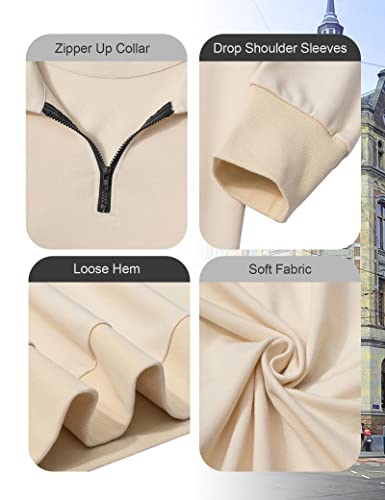 Womens Oversized Half Zip Pullover Long Sleeve Sweatshirt Quarter Zip V Neck Drop Shoulder Tops Teen Girls Fall Fashion 2022 Y2K Clothes Beige Fall Outfits #TOP4