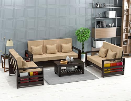 Image of Sheesham Wooden 7 Seater Sofa for Living Room | Rosewood 7 Seater Cushion Sofa with Side Rack | Solid Wood Sofa Set for Lounge (3+2+2,Walnut)