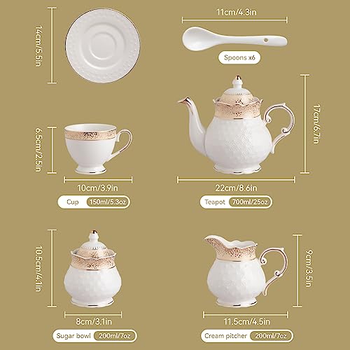 Sweejar 21 Pieces Porcelain Tea Set, Vintage Gold Trimmed Teapot Cup and Saucer Set, Tea Cup for Loose Tea, Sugar Bowl and Creamer Pitcher with Spoons, Service for 6(Classic Gold) by Sweejar - Image 3