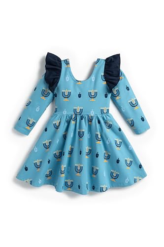 monica + andy Double Ruffle Let's Dance Dress, Size 12, Hanukkah Celebration, 100% Organic Kids Clothes for Girls, Long Sleeve, Sustainable Super Soft Fabric, Sizes for Kids, Toddler & Infant