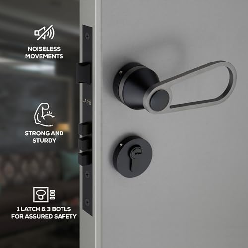 Image of LAPO Brass Mortise Door Lock for Home Main Door & Bedroom with Handle | Heavy-Duty 70mm Cylinder | 50x85mm Body | 3 Brass Keys | Left-Right Fit 30-50mm Door Home Office Hotel | Black Finish | Ro-152