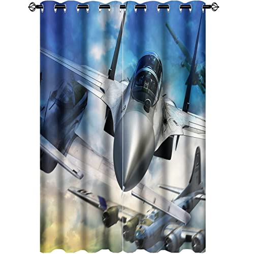 Kazynee Vintage Fighter Airplane Ultra Soft Premier Blackout Curtains,Modern Boys Bedroom Decor Fighter PrintThermal Insulated Bedroom Noise Reducing Patio Door Grommet Top,2 Panels 63L x 21W