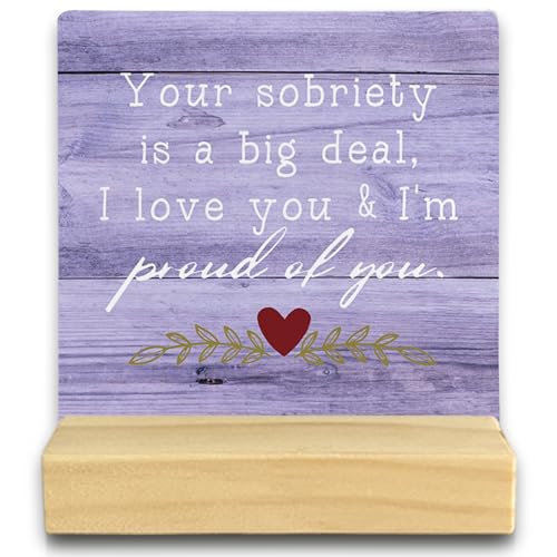 QASHWEY Sobriety Gifts, Your Sobriety is a Big Deal I Love You Wood Plaque Sign Desk Decor, Encouraging Recovery Gifts, Motivational Wood Plaque Sign Desk Decor with Wooden Stand for Home(Purple)